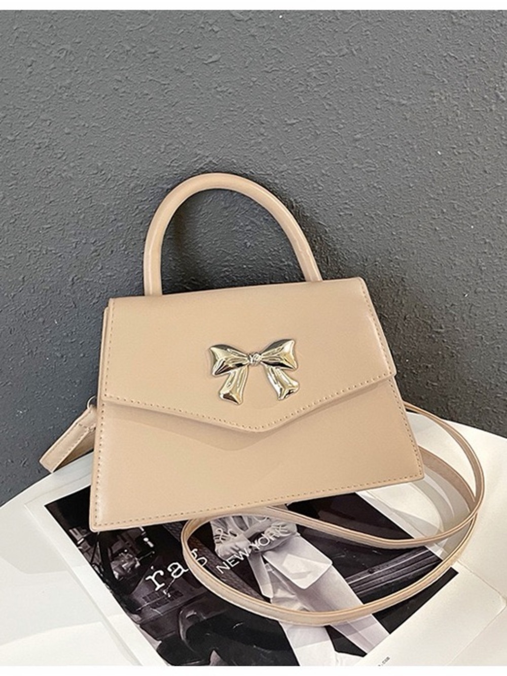 Beige Bow Accent Top-Handle Crossbody Bag